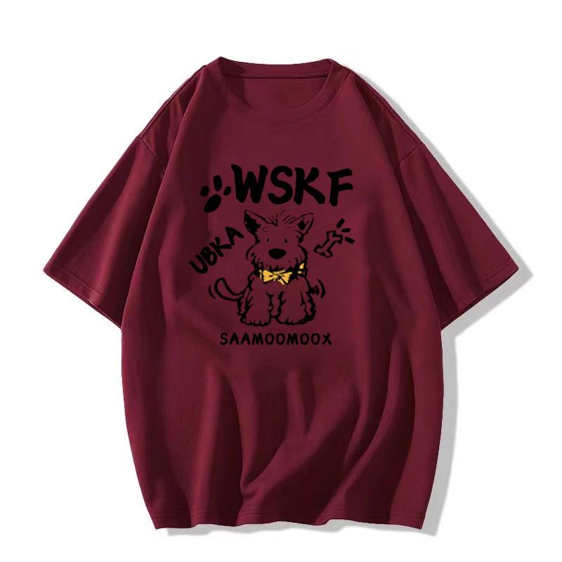 Damski T-shirt z ciężkiej bawełny z nadrukiem retro szczeniaczka, Kolekcja Lato 2025, Luźny krój, Krótki rękaw.