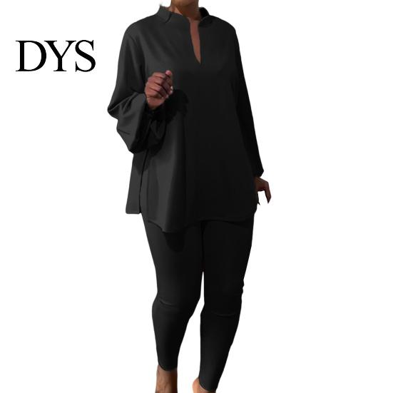 Loose T-shirt Set 2 Pcs/Set Women Top Pants Stand Collar Long Sleeve Split Hem Fall Clothing Blouse Elastic Waist Slim Fit Trousers Daily Wear Outfit