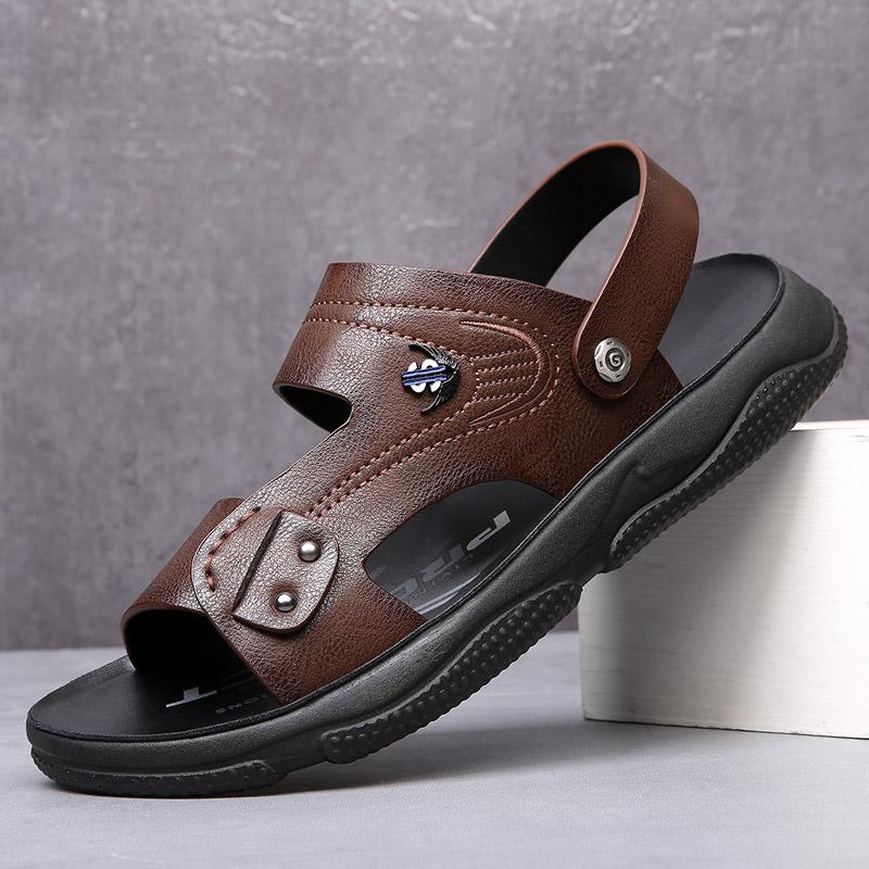 Summer High Quality Sandals Men's New Summer Dual Purpose Beach Shoes Anti-skid Leather Slippers Outdoor Waterproof Beach Shoes
