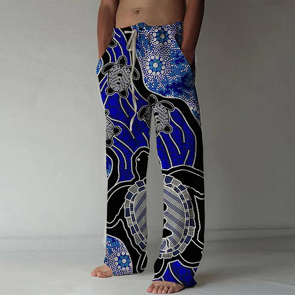 Men's Casual Loose And Comfortable Casual Pants Cotton Linen Printed Drawstring Trousers