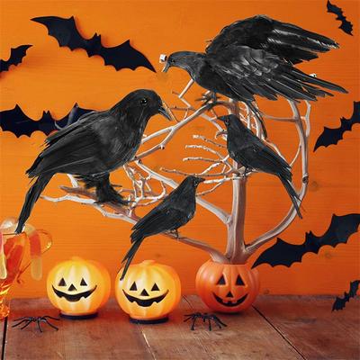 Decoração Realista Corvo de Penas Pretas Feito à Mão Halloween Adereço Corvo para Decoração Externa e Interna