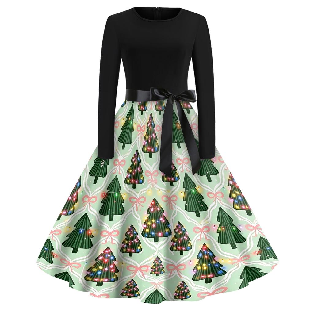 Women's Trendy Retro V-Neck Christmas Dress with Snowflake and Christmas Tree Print for Casual Holiday Wear