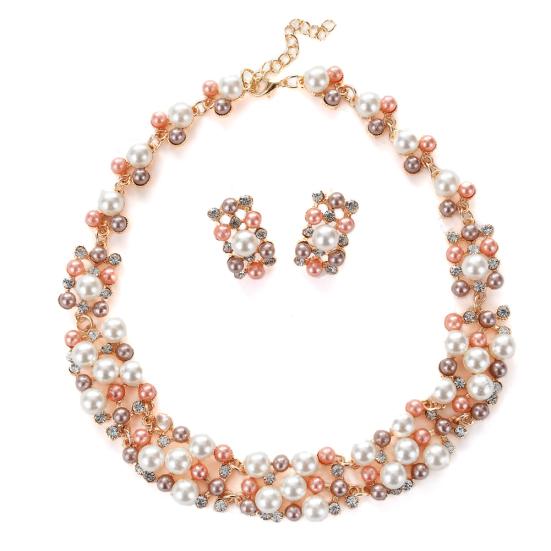 

2шт женщин мода искусственный жемчуг горный хрусталь инкрустированные ожерелье серьги комплект ювелирных изделий разноцветный