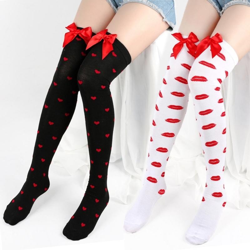 Valentines Day Over Knee Long Socks Cute Bowknots Lip Heart Pattern Thigh High Stockings for Women Parties Casual Wear