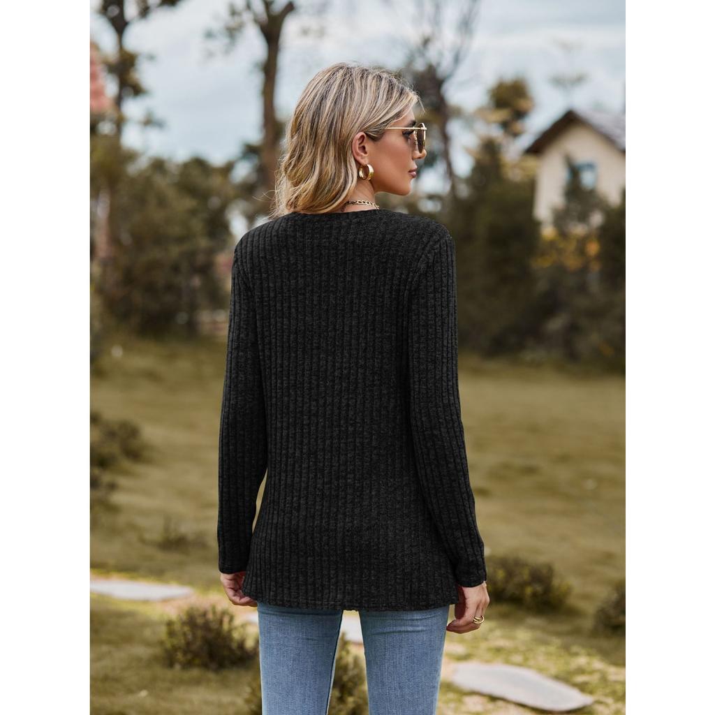 GMXIA Autumn Women's Round Neck Frosted Pit Strip Solid Color Top Long Sleeve T-shirt