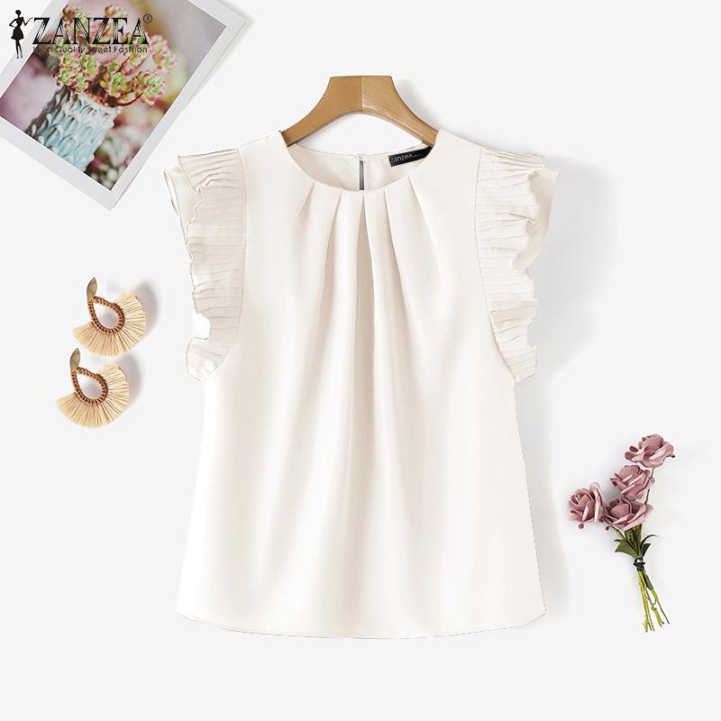 ZANZEA Women Casual Round Neck Splice Short Sleeve Summer Blouse