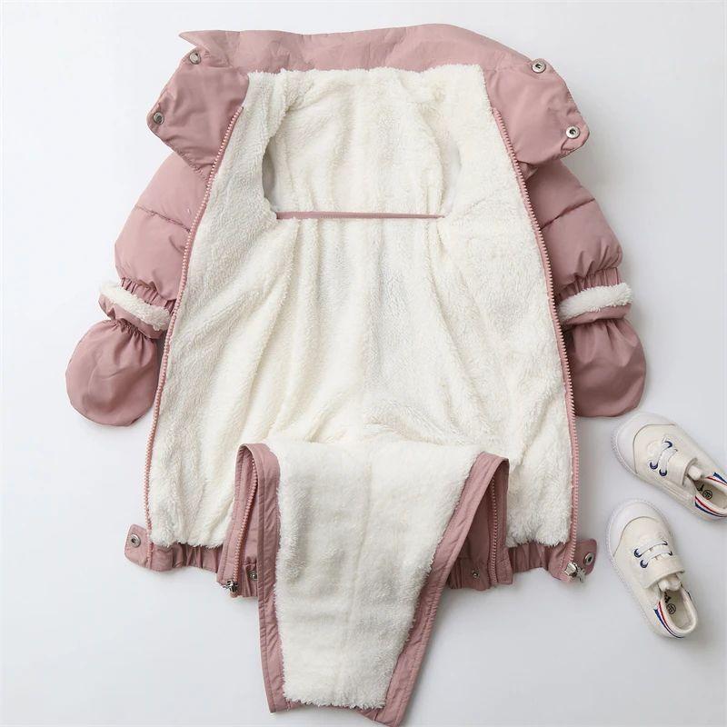 0-18M Baby Rompers 4PCS Set Winter Warm Fleece Lining Jumpsuits+Detachable Hat+Gloves+Foot Cover Children Snowsuits Boys Girls