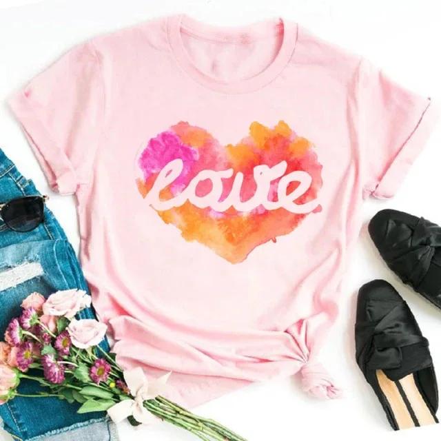 Heart Music Note Pink Print Women T Shirt Short Sleeve O Neck Loose Women Tshirt Ladies Tee Shirt Tops Clothes Camisetas Mujer