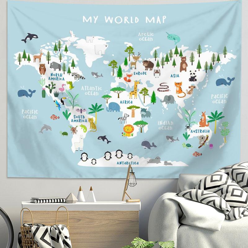VIKAMA Ins Scandinavian World Terrain Tapestry Childrens Room Wall Decoration Cartoon Animal Map Bedside Background Tapestry