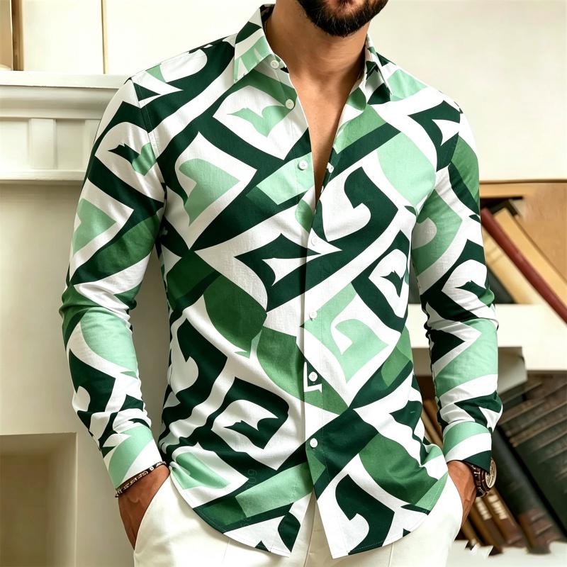 Men's Collar Button Up Long Sleeved Shirt, Black and White Abstract Geometric Full Print Shirt, Street Trendy Casual Loose Top