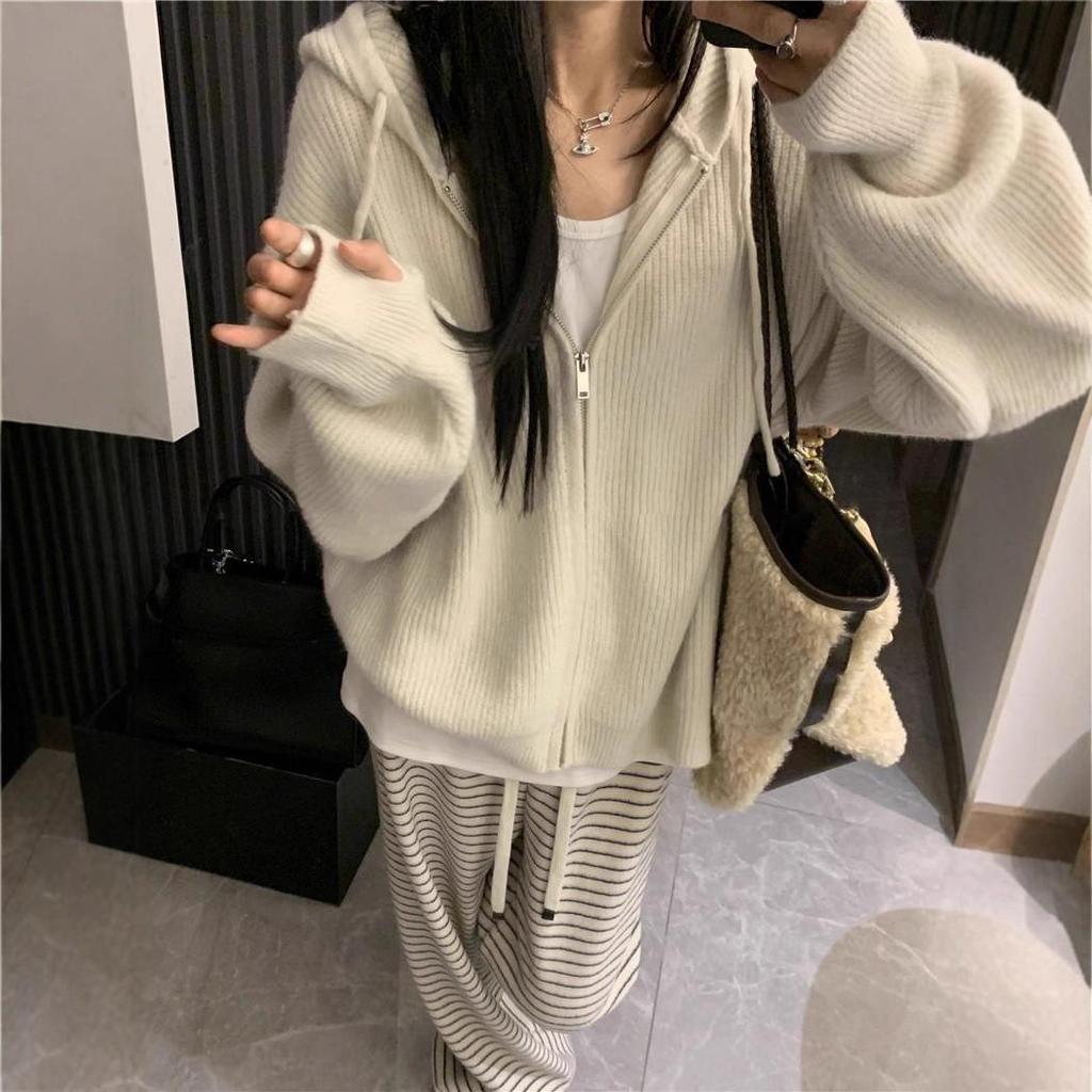 2025 Damen Koreanischer Stil Kapuzenpullover mit Reißverschluss: Herbst/Winter Strick-Cardigan Sweatshirt Mantel mit High-End-Appeal