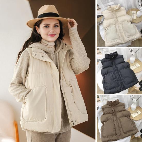 Women's Puffer Vest Casual Sleeveless Hooded Zip Up Jacket Quilted Stand Collar Coat with Pockets Winter Warm Outerwear