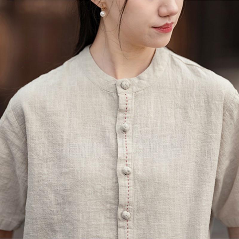 Johnature Women Vintage T-Shirts Stand Short Sleeve Summer Cloths Button Solid Color Loose T-Shirts