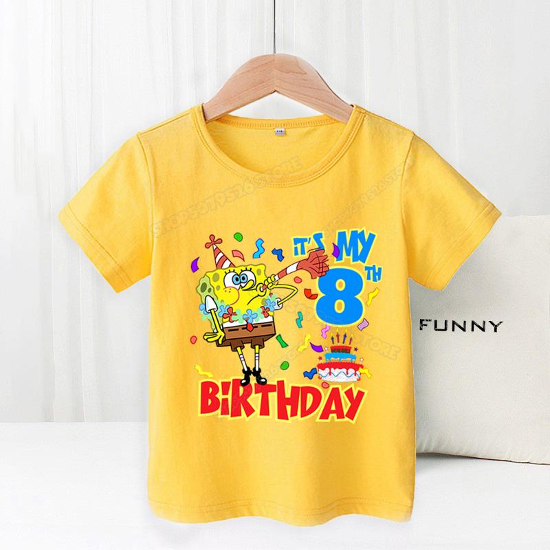 SpongeBobs Children Birthday Clothes Boy Girl Number Cotton T Shirt Short Sleeve Kids Clothes Cartoon Summer Toddler Tee Tops
