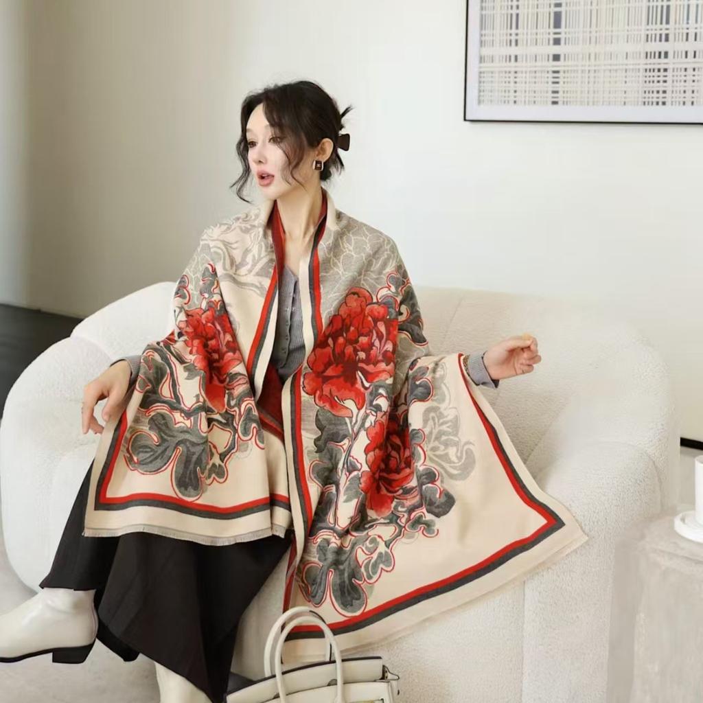 Elegant White Rose Print Thick Faux Cashmere Versatile Scarf For Women