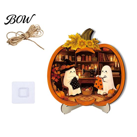 Cool Patterned Ornaments Halloween Door Sign, Glowing Ghost Hanging Decor, Wooden LED Window Festive Theme Ornament for Party, Spooky Wall Pendant