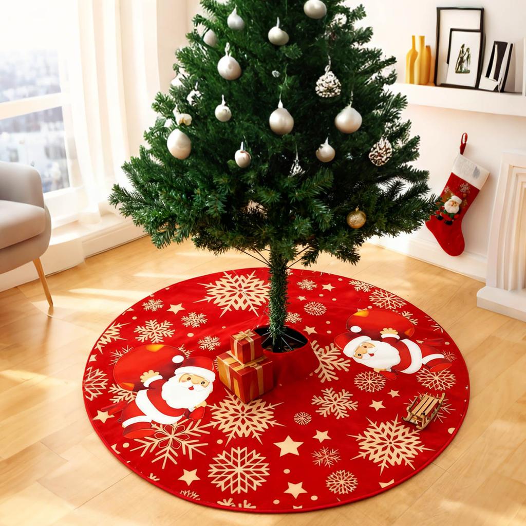 Sukně pod vánoční stromek Červené ozdoby na vánoční stromek, Měkká plyšová podložka pod vánoční stromek se zasněženým vzorem pro dekorace, Sváteční párty 35 palců