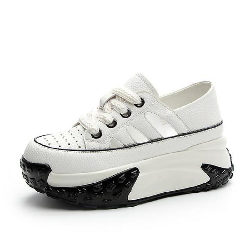 Fashion 7CM Air Mesh Genuine Leather Platform Wedge Chunky Sneaker Hollow Lace Up Fashion Women Summer Vulcanize Breathable Shoes