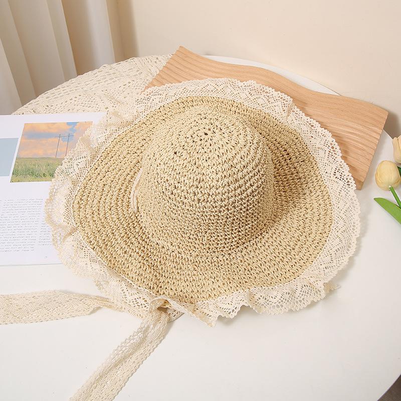 Elegant Lace-Trimmed Wide Brim Straw Hat for Women - Breathable, Sun-Protective Beach Cap with Hollow Design, Summer, Woven, Sunshade