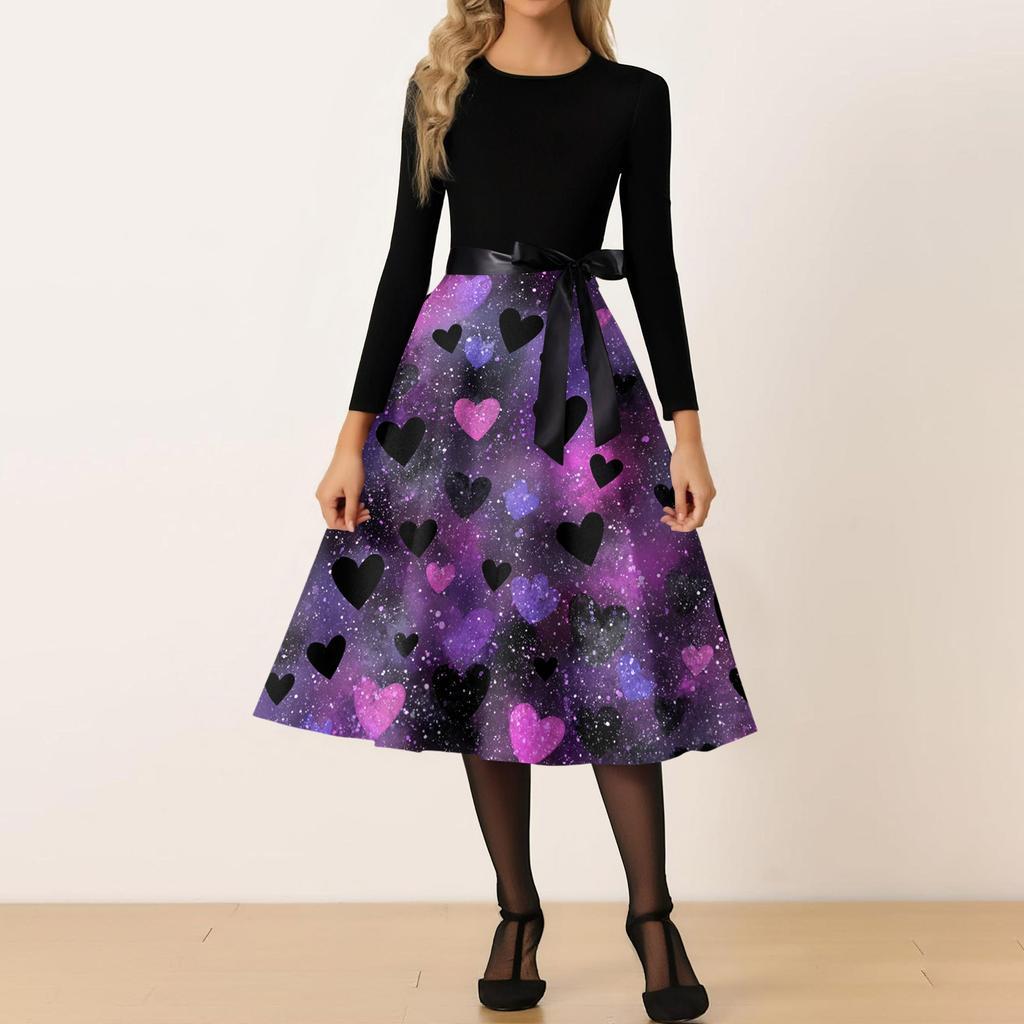 Women's Casual Fashion Round Neck Valentine's Day Printed Retro Dress