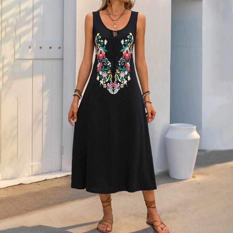 Women's Summer New Sleeveless Printed Dress Solid Colour Casual Peplum Dress