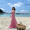 Seaside Vacation Beautiful Fairy Long Dress Dopamine Atmosphere Pink V-neck Flower Suspender Dress Woman