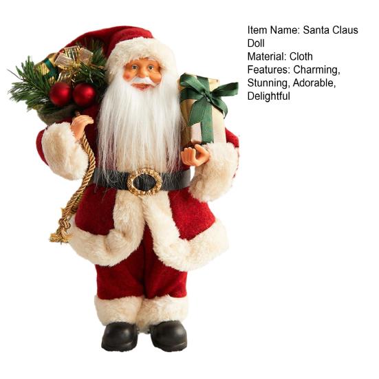 12" Christmas Santa Figurines Standing Santa Claus Doll with Present Box for Holiday Party Window Home Desktop Decoration
