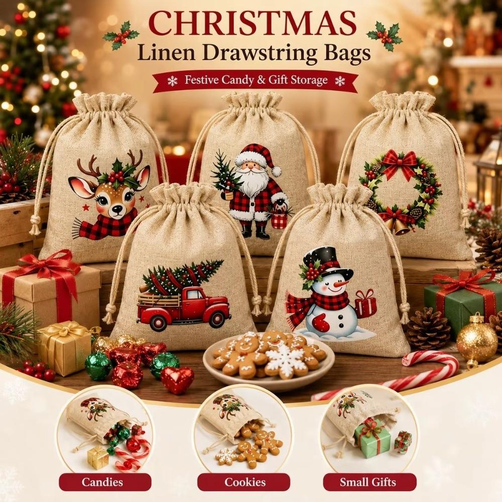 5/12Pcs Vintage Christmas Burlap Storage Bag Santa Claus Xmas Candy Hanging Bag  Holiday Treats