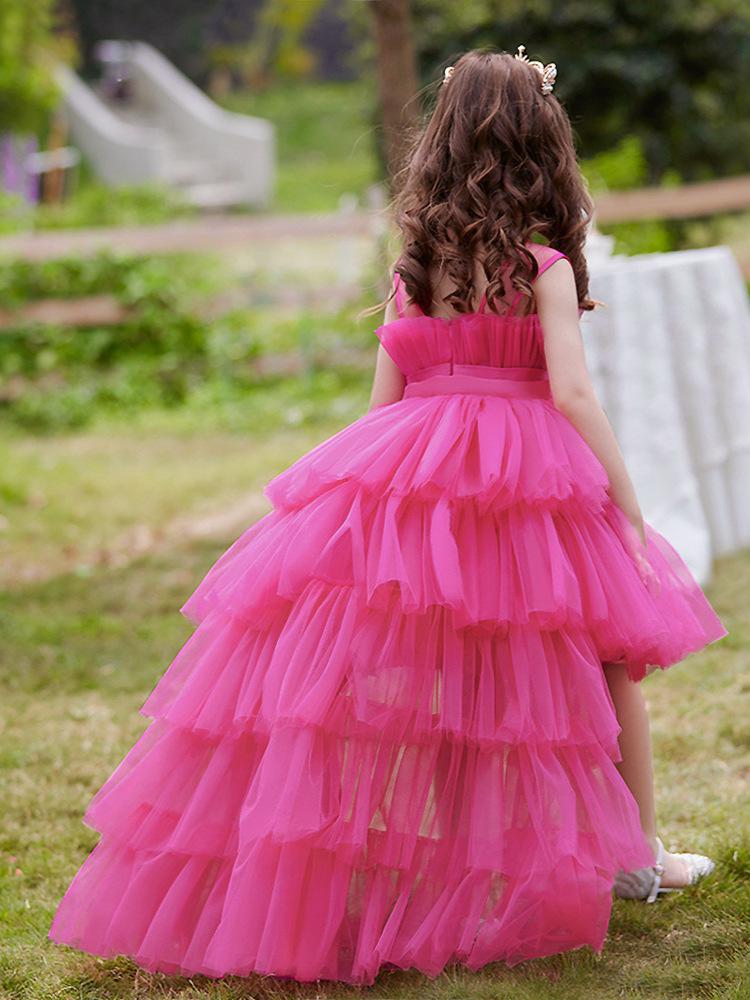 Girls' Princess Layered Puffy Train Gown for Piano Performances & Runway