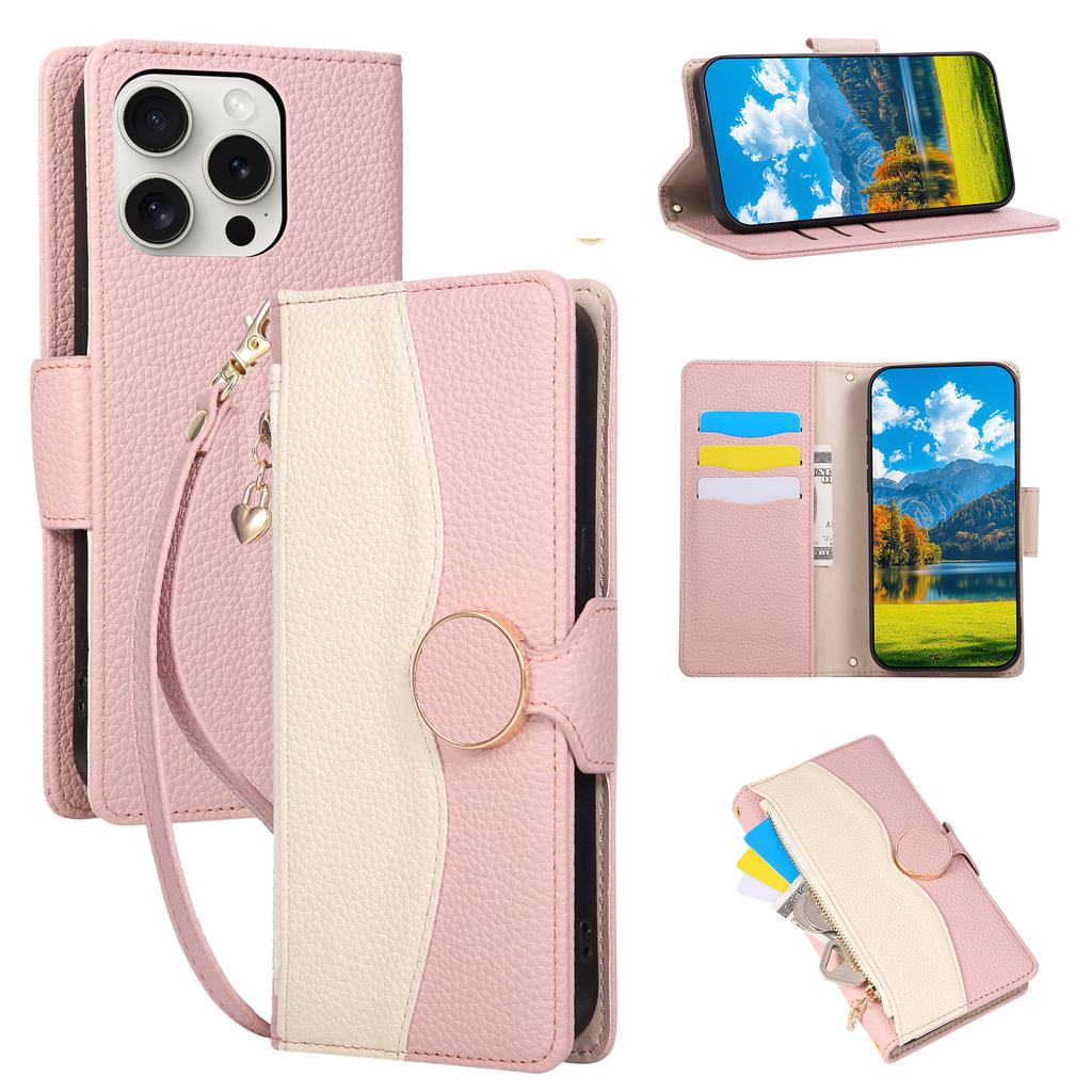 For iPhone 15 Pro Max Case Zipper Wallet Color Splicing TPU PU Leather Flip Phone Cover with Strap