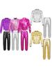 Kids Girls Metallic Long Sleeve Stand Collar Zipper Jacket with High Waist Pants for Sports Workout