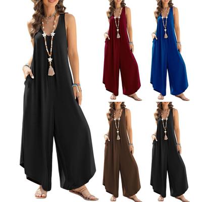 Women Summer Jumpsuit Loose Sleeveless Solid Color Wide Leg V Neck Pockets Deep Crotch Soft Irregular Hem Ankle Length Vacation Long Jumpsuit
