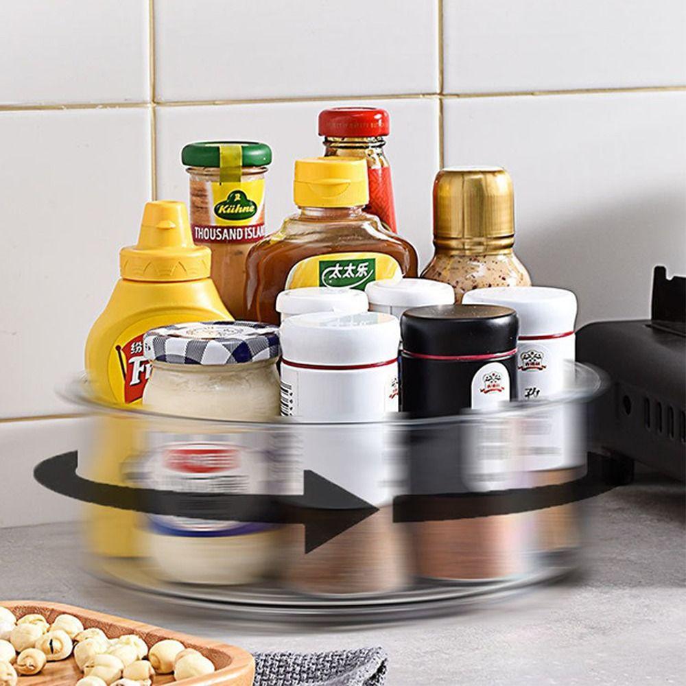 D5 New 360° Rotating Transparent Tray Shelf Desktop Spice Storage Box Base Storage Bin Home Kitchen Makeup Organizer Accessories