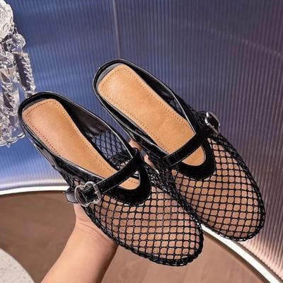 Summer Net Shoes Women Breathable Shoes New Hollow Single Shoes Women Flat Metal Buckle Baotou Slippers