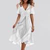 Women's Summer Texture Printed Casual Wrap V Neck Ruffled Hood Short Sleeves Belt A-Line Ruffle Hem Midi Sundress