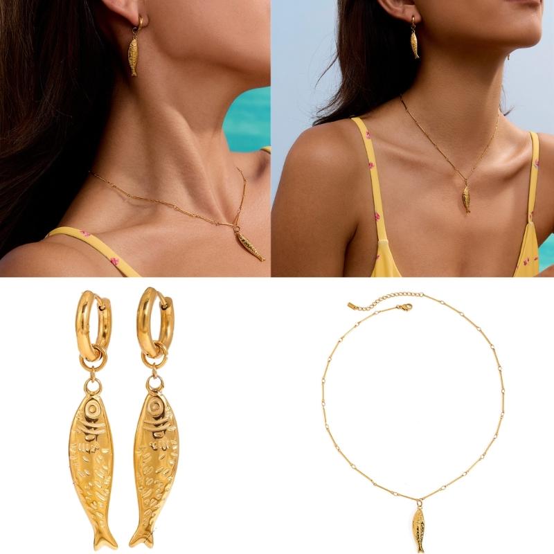 Gold Tone Earrings/Necklace Necklace Stainless Steel Fashion Jewelry for Women Trendy Accessory For Sensitive Skin