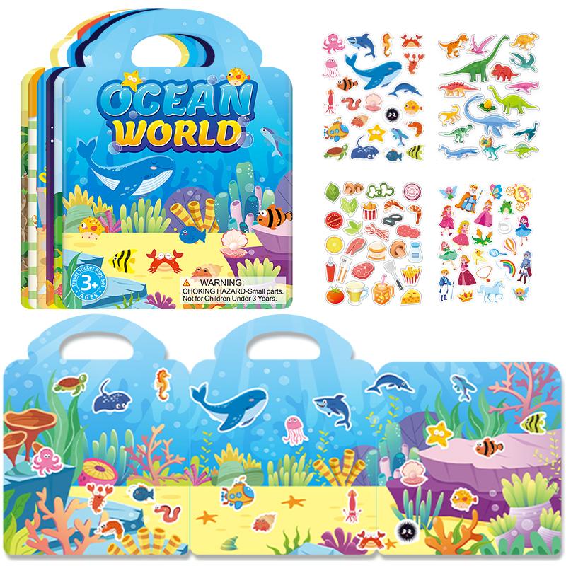 3 Stück Kinder Wiederverwendbare Gelee-Aufkleber Spielzeug Tier Ozean Cartoon Aufkleber Tragbar DIY Einfügen Bücher Aufkleber Spielzeug Geschenke für Kinder