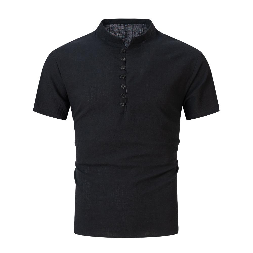 New Men's Retro Cotton Linen Casual Henry Collar Short-sleeved Shirt