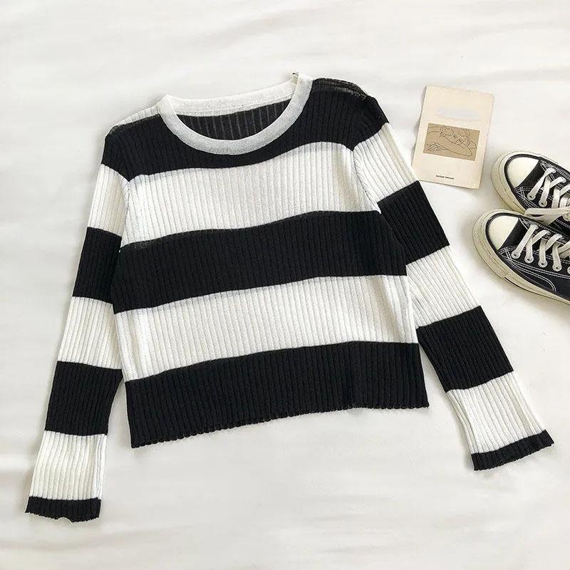 Pruhovaný zkrácený tenký pletený svetr s dlouhým rukávem Dámský ležérní top s kulatým výstřihem Jednoduché spodní tričko Y2k Pulovry Korejská móda