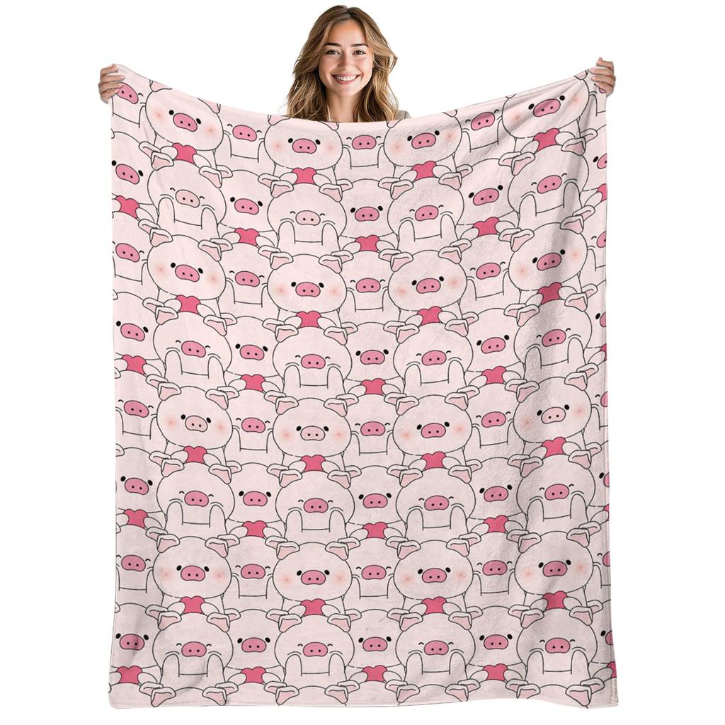 Pink Pig Flower Rose Flannel Blanket for Bed Sofa Portable Soft Fleece Throw Blankets Funny Plush Bedspread Queen King Twin Size