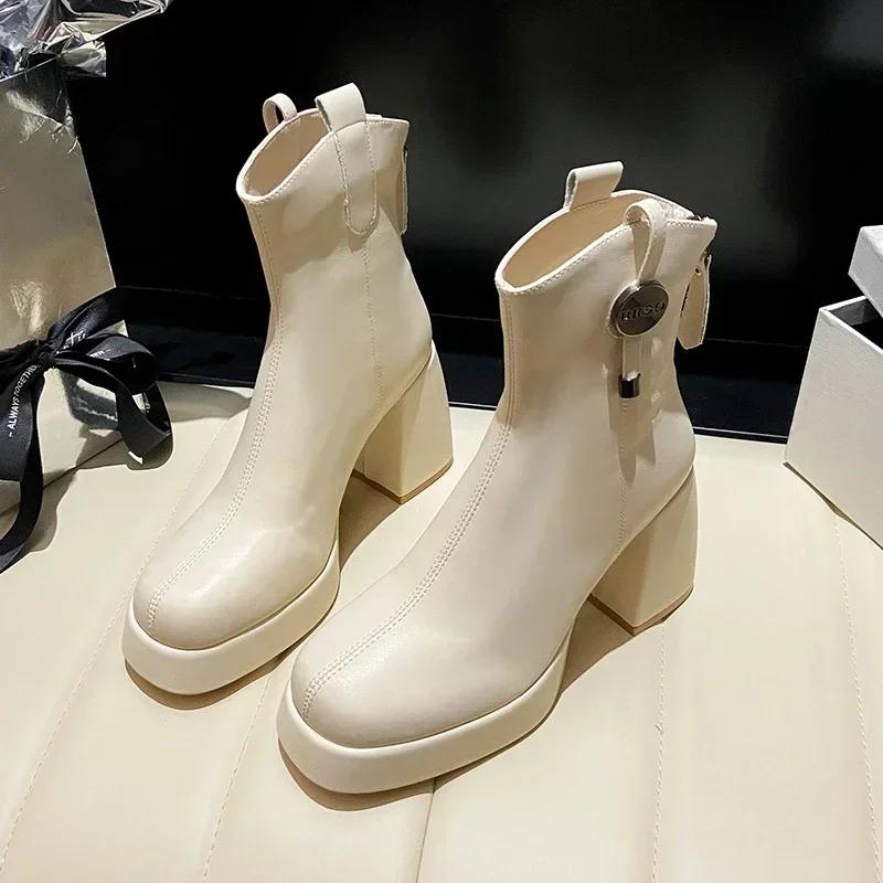 Fashion High Heels Women Ankle Boots Square Toe Fashion Leather Shoes Winter 2024 Trend Designer Goth Chunky Luxury Snow Botas Mujer