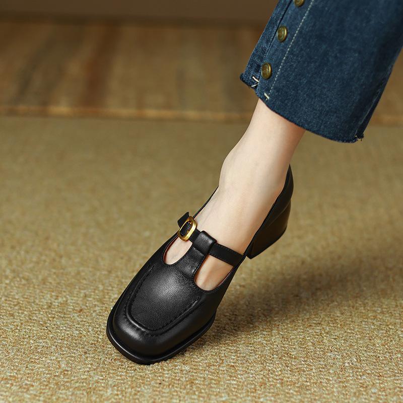 2026 Lente Nieuwe Dames Schoenen Bruine T-band Leer Schoenen Dames Pumps Dames Hoge Hak Schoenen Ronde Neus Retro Schoenen Vrouw Casual