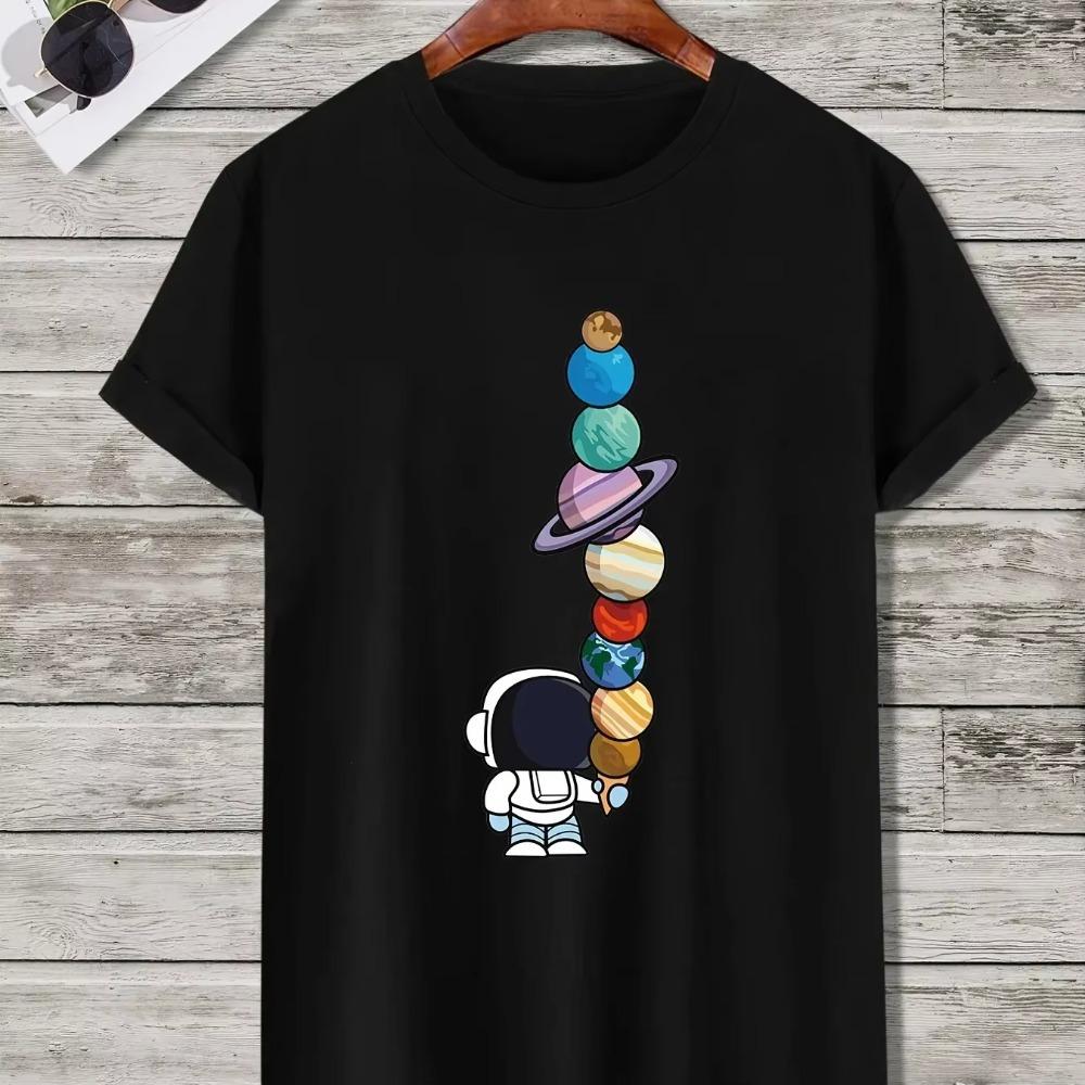 

Men s Cartoon Polyester Tee, Astronaut and Planet Print, Best Sale S бежевый
