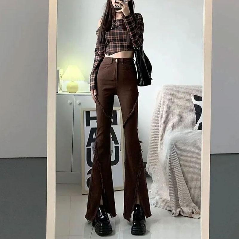 

Стильные Джинсы Bootcut с Разрезом и Необработанным Краем Женская Одежда в Американском Стиле Джинсовые Брюки с Высокой Талией Винтажные Узкие Однотонные Брюки с Аурой S коричневый