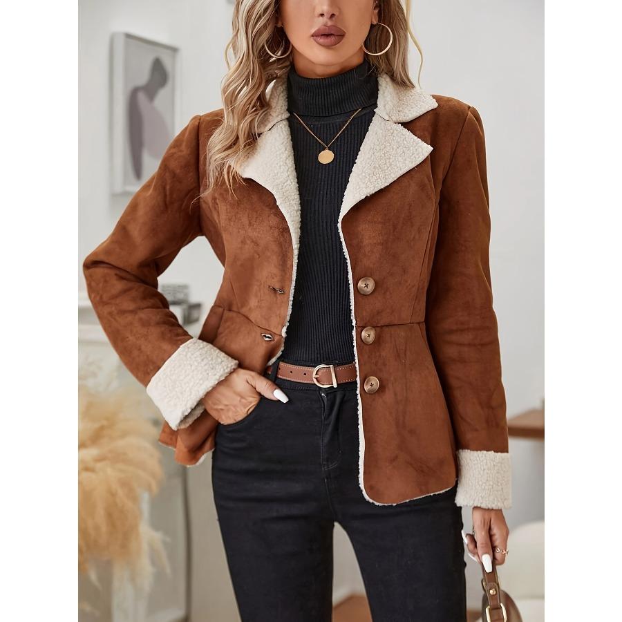 Faux Fur Button Front Thermal Jacket, Casual Long Sleeve Lapel Collar Outerwear for Fall & Winter, Women's Clothing