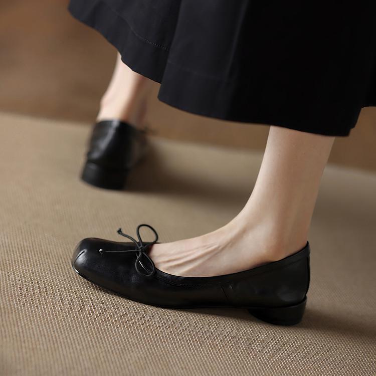 Retro Style Thick Heel First Layer Cowhide Round Head Single Shoes Women's Bow Women's Shoes Professional Women's Shoes