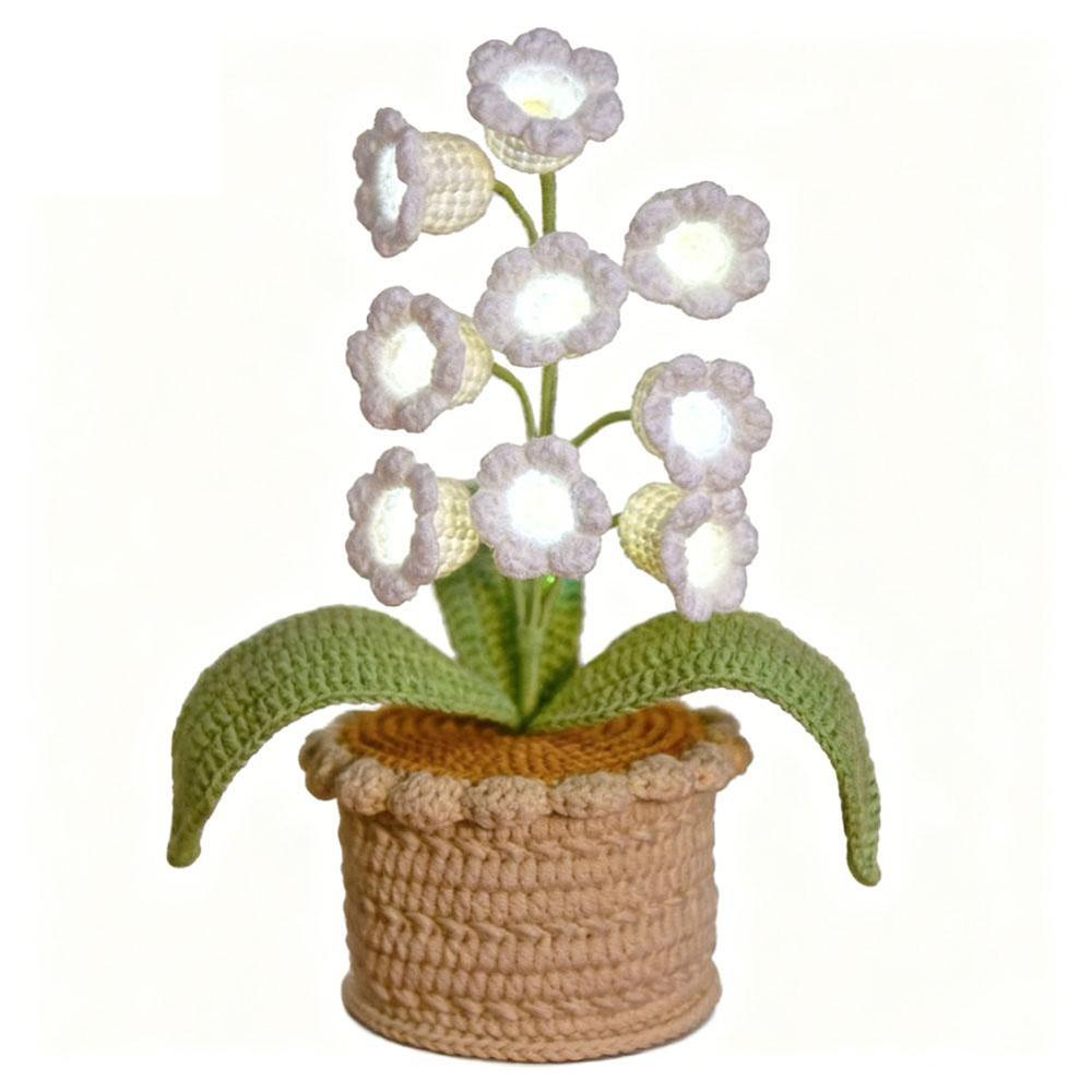 Lily of The Valley Crochet Flowers Artificial Potted Flower with Night Lights Cordless Table Lamp Ornament Desk Home Decorations
