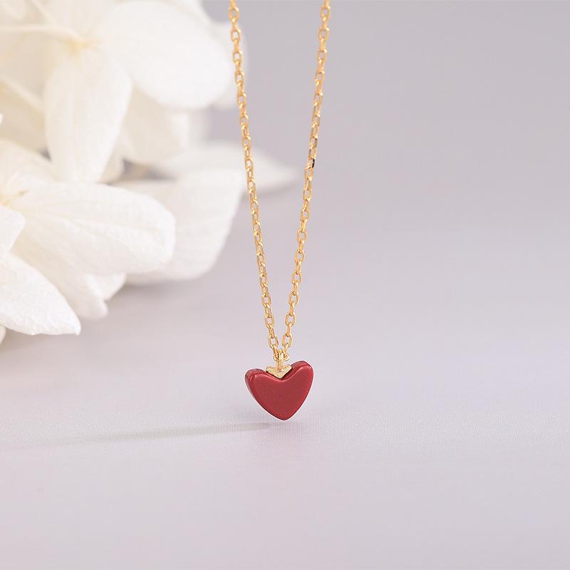 S925 Sterling Silver Minimalist Little Red Heart Necklace - Japanese & Korean Design, Women's Heart Clavicle Chain.