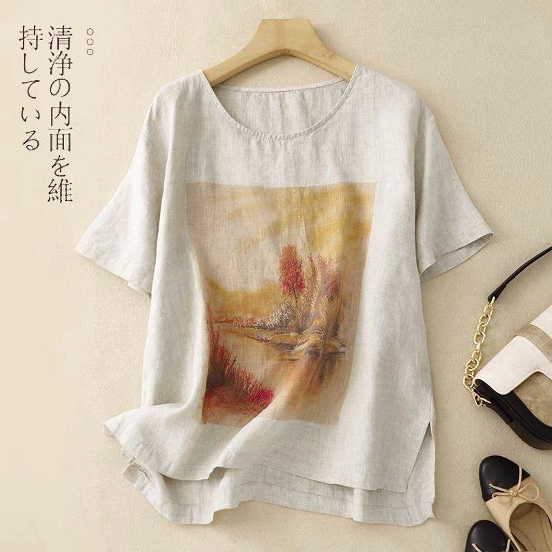 YYFS Women's Fashion Casual Summer Spring Flower Pattern Print 1/2 Sleeves O-Neck Blouses & Shirts