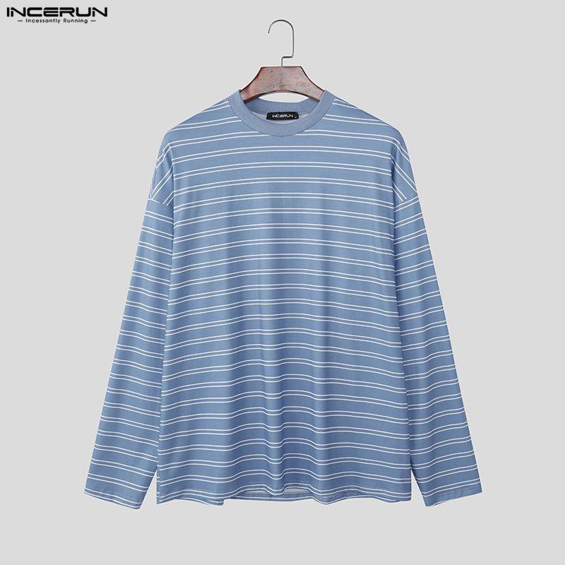 INCERUN Oversized Men Long Sleeve Striped Loose Casual Tops T-shirts